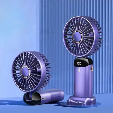 Ventilateur de poche portable violet, rechargeable via USB, avec écran LED et socle détachable, compact et moderne pour une utilisation pratique.